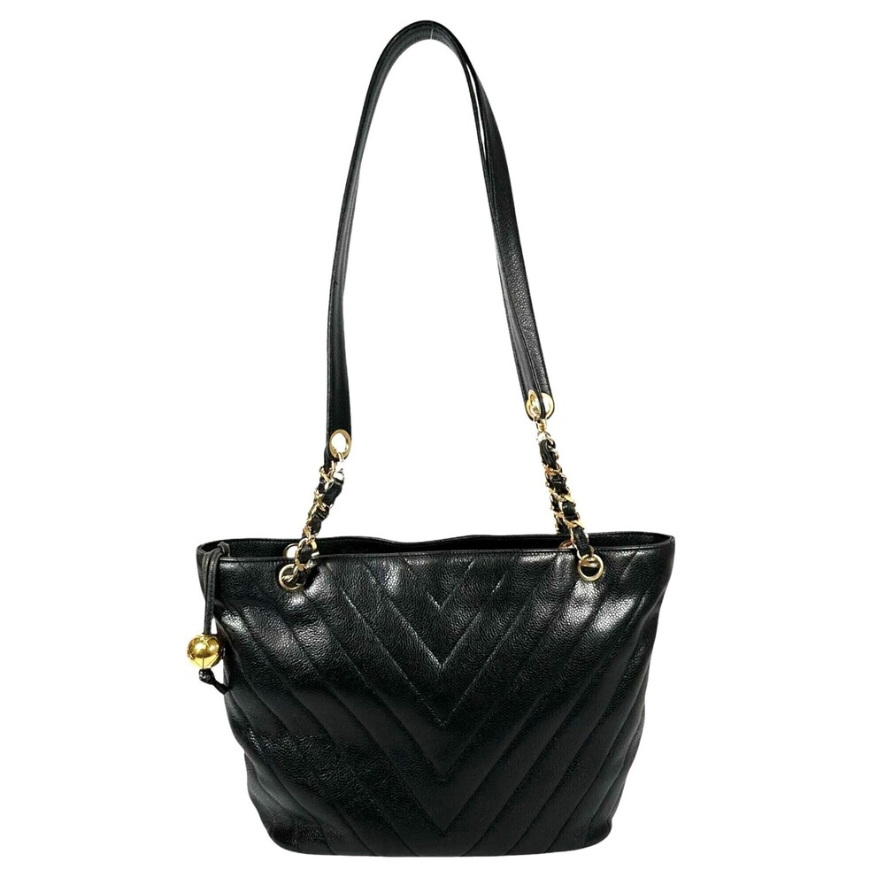 CHANEL Chain Shoulder Tote Bag, V-Stitch Caviar Leather, Black, Women's